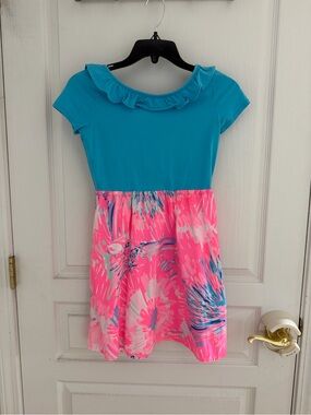 Lilly Pulitzer Teal Top Pink Floral Ruffle Neck Dress